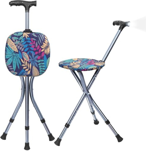 Folding Cane with Seat, Adjustable Walking Stick for Seniors, Lightweight Walking Cane with LED Light, Height Adjustment Cane Seat Chair, Portable Sturdy Crutches Stool,Supports up to 250 lbs