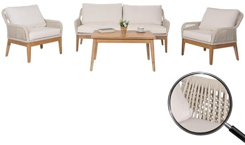 Mendler Gartengarnitur HWC-H56b Seilgeflecht Rope Holz Akazie - Creme | Lounge-Set, Gartenlounge, Sofa, Sessel, Tisch
