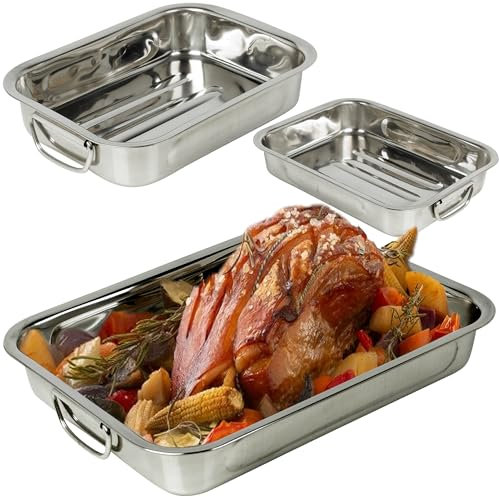 URBNLIVING 3 Piece Stainless Steel Roasting Oven Trays Roaster Tins Dish Set Bakeware Perfect for Your Kitchen Bakeware Needs