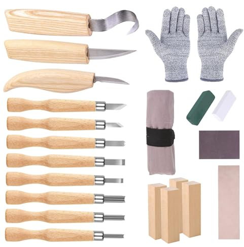 Holz Schnitzwerkzeug Set, 21 in 1 Schnitzset für Erwachsene, Holzschnitzerei Werkzeuge Set für Löffelschnitzen, Carving DIY Schnitzset mit Schnittfeste Handschuhe Für Anfänger Und Profis