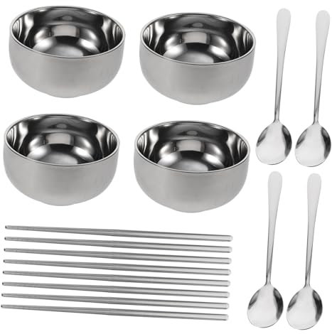 Ciieeo Juego De Palillos Portátiles y Cucharas De Acero Inoxidable, Tazones Rojos Pequeños Para Servir Comida, Vajilla Reutilizable Para Hogar y Viaje, Set De 4 Piezas
