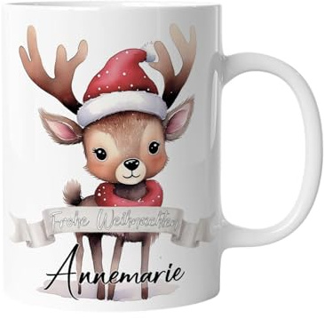 Tasse zu Weihnachten | Weihnachtstasse Tiere - Personalisiert mit Namen | Frohe Weihnachten - Kaffeetasse für Jungen und Mädchen - Rentier Reh | mug-txZ-131