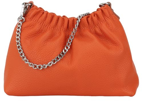 SH Leder Echtleder Umhängetasche Clutch kleine Tasche Abendtasche Alltagstasche mit Silberne Kette 23x14cm Elke G355 (Orange)
