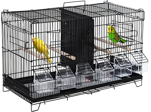 PawHut Jaula para Pájaros con Divisor Pajarera con Ganchos Superiores Puertas Comederos Perchas y Bandeja Extraíble para Canarios Periquitos 59,5x26,5x39,5 cm Negro