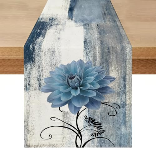 Chemin de Table Moderne Gris Été Extérieur Imperméable 40x140 Bleu Clair Fleur Dahlia Nappe Décoration de Table de Mariage pour Table Basse Fêtes Dîner Vacances Cuisine