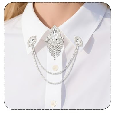 PEARLY JUN Manschettenknöpfe-Set für Kragen und Kette und Knopfabdeckung, silberfarben, Strass, Hemd, Krawatten, Clips für Damen und Herren