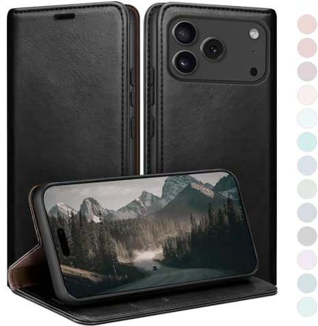 HUOUH for iPhone 17 Pro 6.3 Wallet case with RFID Blocking PU Leather,Flip Folio Book covers,Credit Card Holder Shockproof Phone case Women Men for Apple 17 Pro case Black