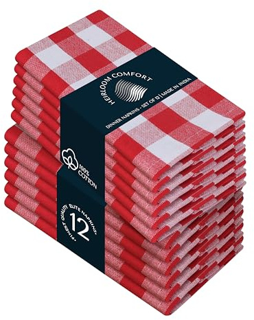 HEIRLOOM COMFORT Multicolor Gingham Checked Napkins Set of 12, 45x45 cm, 100% Cotton, Soft, Absorbent & Durable, Reusable Table Dinner Napkins for Wedding, Picnic, Everyday Dining - Red and White