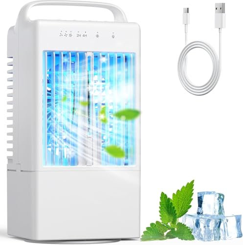 Portable Air Conditioner, 3 Speed Quiet Mini Air Cooler Personal Cooling Fan USB-Powered, 90° Oscillating 7-Color LED Night Light, 900ML, 4/9H Timer for Bedroom, Office, Camping, Car