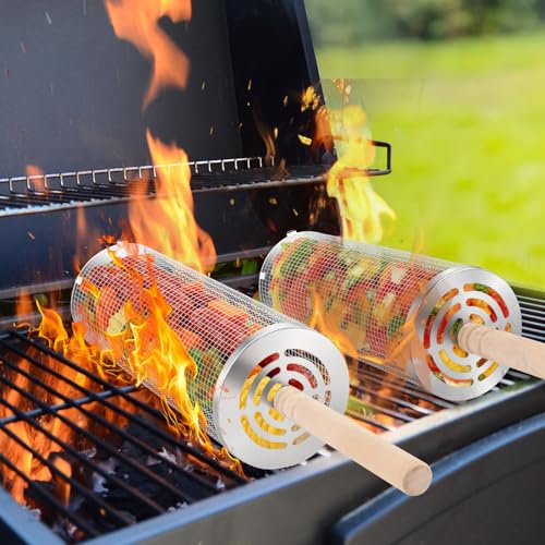 Landrip Nestbar Cestino per barbecue rotolante, manico in legno rimovibile, in acciaio inossidabile, accessorio da cucina per esterni per verdure, gadget da giardino e campeggio per barbecue a gas