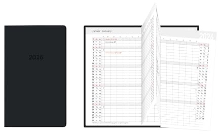 Idena 12050 Agenda de poche 2026 Leporello au format 8,7 x 15,3 cm, 1 mois sur 2 pages, agenda avec couverture flexible en noir et carnet d'adresses