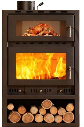 Poêle à Bois avec Four Intégré en Acier au Carbone Double Épaisseur 6 mm, Chauffage jusqu'à 60 m², Grande Vitre et Grand Bac à Combustible