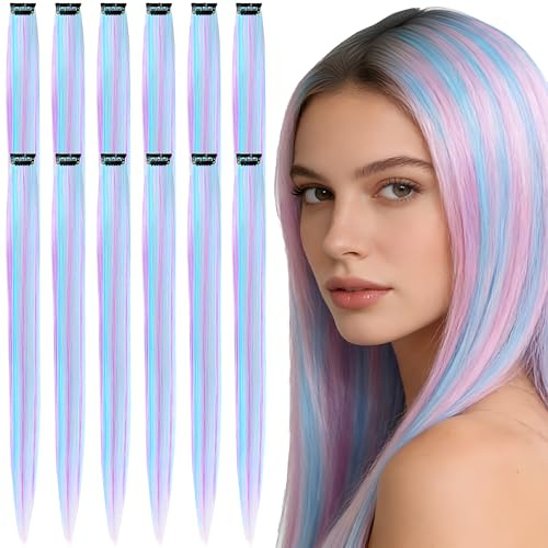 12 ciocche di capelli da agganciare, bicolore viola blu, seta resistente al calore, senza danni al cuoio capelluto, per feste, uso quotidiano, festival, perfette per donne e ragazze