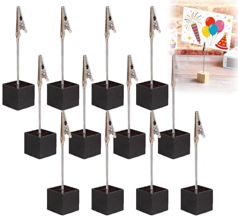 VVHFXD 12 supporti fotografici con clip, supporto per foto, segnaposto in legno, per piccole immagini, carte e note, supporto per carte di credito, decorazione per la casa, ufficio, feste, colore nero