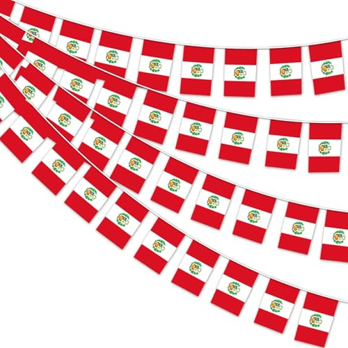 AhfuLife 1 Pezzi Perù Bandiera Bunting 30pcs Bandiere, 14× 21 cm-10m Doppio Lato Rettangolare Perù Banner Tessuto per Coppa del Mondo, Calcio Casa, Giardino, Festa e Partito