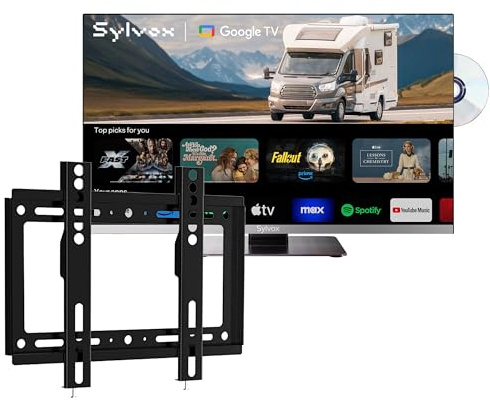 SYLVOX 24“ Smart Google TV pour Camping & Support TV Réglable| Lecteur DVD| DC 12V 1080P| Triple Tuner Intégré DVB-T2/S2 Lunette Extrêmement étroite Téléviseur pour Camping, Salon,Caravane