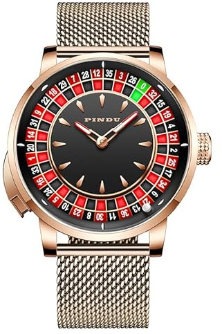 P PINDUER 1,8 tum rouletteklocka herrklocka, automatisk klocka män med japanskt NH35 fabrik, 5 ATM vattentät herrklocka automatik, roulette design automatisk klocka män, 6629-guld, Armband