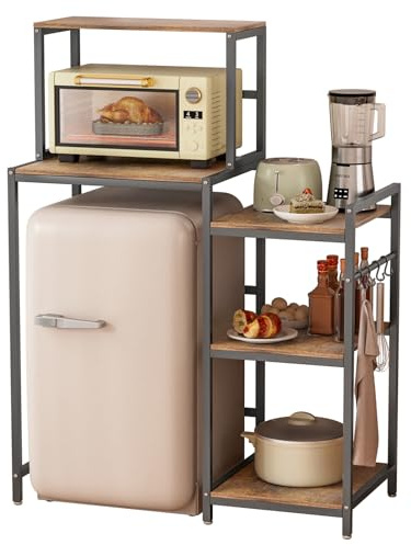 Étagère de Cuisine Grande Taille pour Mini Frigo et Micro-Onde, Meuble Rangement 5 Niveaux en Métal et Bois, Support Stable pour Studio et Petite Cuisine, Support Stable avec Pieds Réglables (Noir)