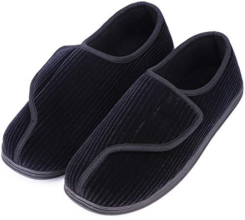 LongBay Men's Memory Foam Diabetic Slippers Comfy Warm Plush Fleece Arthritis Edema Swollen House Shoes (10, Black)