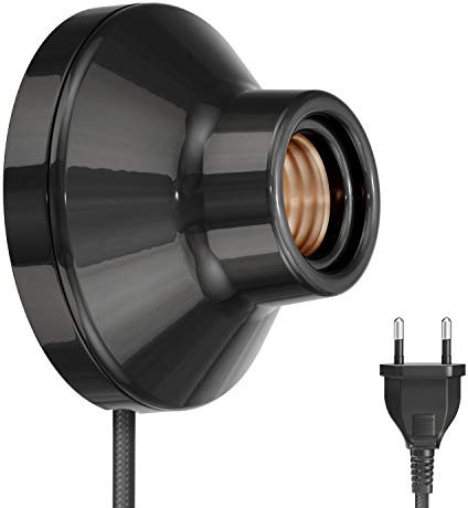 ledscom.de Wandleuchte/Lampenfassung ELEKTRA, Stecker, Schalter, Porzellan, schwarz glänzend, rund, 1x E27 max. 300W