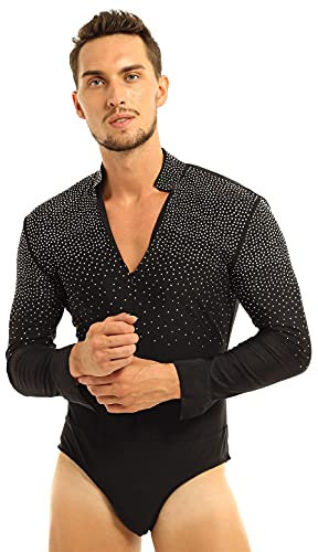 MSemis Herren Langarm Body Latein Hemd Jazz Tango Glitzer Shiny Tanz Kostüm Freizeit Hemd mit Reißverschluss Stretch Bodysuit Turnanzug Schwarz L