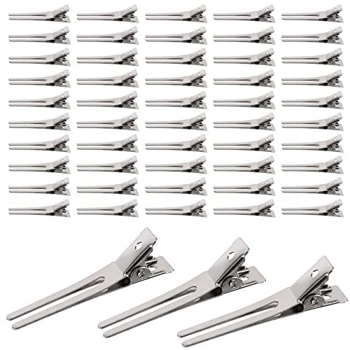 50 Piezas Pinzas de Cabello Cocodrilo, Pinzas de Pelo de Cocodrilo de Metal Planas, Plata Pinza de Peluquería de Doble Punta, Adecuado para Peluqueros, Peluqueros, Estilistas, Horquilla DIY