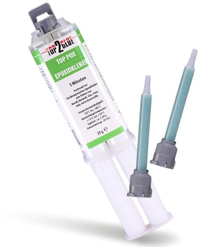 Top2Glue 2k Kleber | Epoxidharz Kleber | 5 Min Harz | echter Epoxy Kleber | 2 Komponenten Kleber | Kunststoff Metall Glas Stein Beton Holz | Express Kleber | 25g Spritze 1:1 + 2 Spitzen