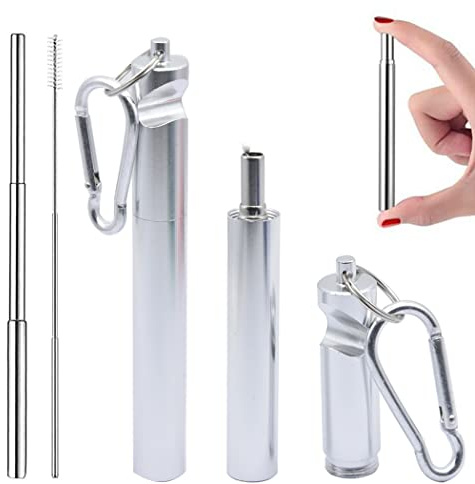 Hoshen Lot de 2 pailles réutilisables en acier inoxydable, pailles télescopiques à 3 segments avec fonction tire-bouchon, brosse et mousqueton (boîtier en alliage d'aluminium épais), argenté
