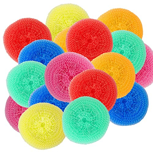 Framendino, 30 Pack Dish Scrub Brush Nylon Scouring Pads Assorted Colors Round Plastic Scrubbers Mesh Scourers Poly for Kitchen