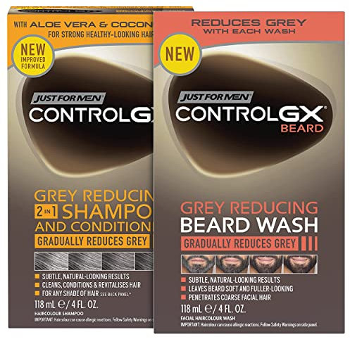 Just For Men Control GX Grey Reducing Bundle | 2 in 1 Shampoo & Conditioner New Improved Formula + Beard Wash - All Shades, 118ml
