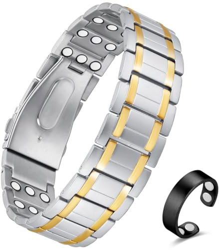 Vicmag 3 x magnetarmband herren, Lymphdrainage Reines Titan Armband ultrastarke Magnete, magnetarmband gesundheit, verstellbares, Einstellwerkzeug und Geschenkbox (Silber Gold)