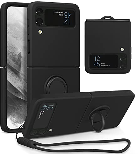 UEEBAI Fodral för Samsung Galaxy Z Flip 3 5G, ultratunn silikon mobiltelefonfodral med 360 grader vridbar ringhållare handrem magnetisk bilhållare skyddsfodral TPU stötfångare skydd – svart