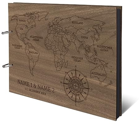 Personalisiertes Hochzeit Fotoalbum echtes Holz DIN A4 Hochzeitsbuch mit Lasergravur - Weltkarte - mit 25 Blatt / 50 Seiten Fotokarton Schwarz