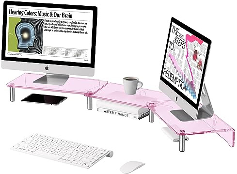 HEWYIOS Dual-Monitor-Ständer, 3-lagiger rosa Acryl-Monitorständer mit Anti-Rutsch-Pad, verstellbare Länge und Winkel, geeignet für 2 Monitore, Desktop, Laptop, PC, Drucker, TV-Bildschirm (rosa Acryl)
