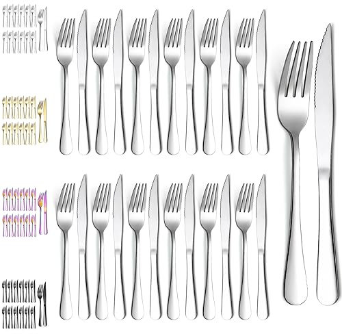 Evanda Set di coltelli da bistecca 24 pezzi, set 12 forchette in acciaio inox e 12 set coltelli da cena, coltelli da bistecca Forchette da bistecca, lavabile in lavastoviglie