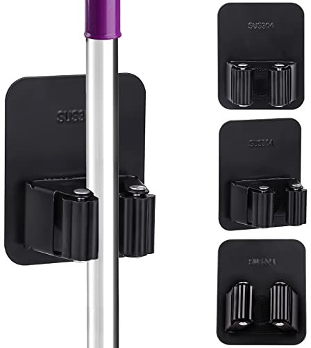 Tikplus Besenhalterung Wand, 3 Stück Edelstahl Besenhalter Selbstklebend, KüChenorganizer Haken Ohne Bohren, GeräTehalter FüR KüChe,Wischmopp, Badezimmer, Garten, Schaufel, Werkzeuge (Schwarz)