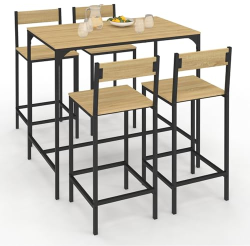 IDMarket - DETROIT Tavolo da bar alto 100 cm e set di 4 sedie da bar di design industriale