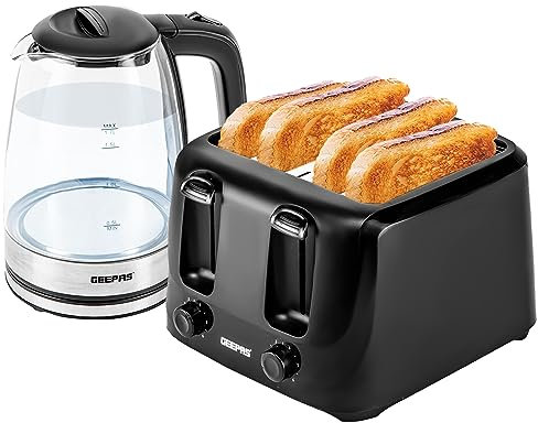 Geepas 4 Slice Bread Toaster & 1.7L Illuminating Electric Glass Kettle Set – 2200W Cordless Jug Kettle, Auto Shut Off & Boil Dry Sensor – 1400W Toaster with Dual Control & 6 Level Browning, Black