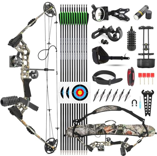 SHARROW Bågskytte Compoundbåge och Pilar Sammansatt Båge 20-70LBS Justerbar Aluminium Compound Båge och Pil Vuxen Jaktbåge med Alla Tillbehör för Utomhus Jakt (Vänsterhänt, Camo)