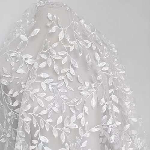 MAYJOYDIY 1.8 × 1.6 m Vintage Spitzenstoff Mit Zweigen Und Blättern Breiter Weißer Stickerei Tüll Französischer Spitzenbesatz Für Heimwerker Basteln Hochzeit Party Nähen Kleider Vorhänge