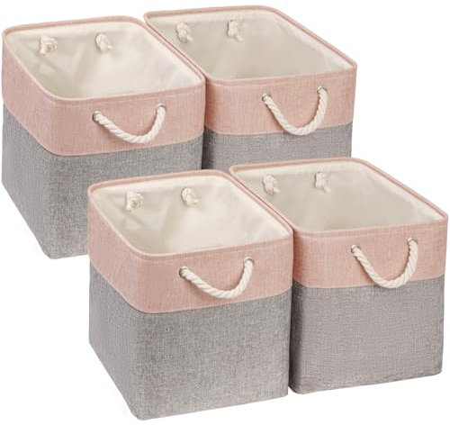 Mangata Canvas Cube Storage Boxes, 25x25x25cm Storage Baskets for Shelves Organizing Clothes Nursery Home(Grey/Pink, Set of 4)