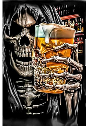 DCIDBEI 40 x 50 CM DIY Diamond Painting Totenkopf mit Bier, Runde 5D Diamant Malerei Anime, Diamant Painting Bilder Schädel, Erwachsene Wanddekoration Halloween für das Haus