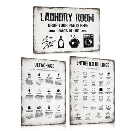 LOT DE 3 - Buanderie Plaque Metal Vintage Français 20x30cm - Laundry Panneau Pancarte Deco Accessoires - Toilettes Affiche Salle de Bain Poster WC Tableau Decoration Murale en Métallique