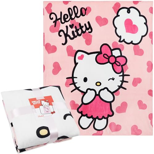 Hello Kitty Sanrio Fleece Bed Blanket, Cinnamoroll Throw Blanket, Kawaii Bedroom Decor, 150x130 cm Plush Comforter for Travel Sleepovers, Cute Gifts (Pink Hello Kitty)
