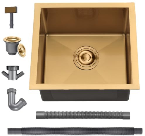 Stainless Steel Kitchen Sink, 50X45CM Small Sink, BoomHoze Undermount Single Bowl Outdoor Campervan with Silencer Pad, Drainer Fittings, Drop in Flushmount or Topmount Installation, Gold