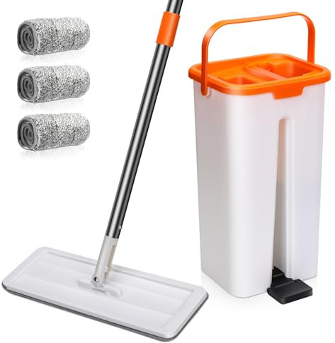 MASTERTOP Mocio Lavapavimenti e Secchio Strizzatore, Mocio Piatto Rotante e Piccolo Secchio Autolavaggio, Mop a Mani Libere in Microfibra, con 3 Tamponi Riutilizzabili (Arancione)