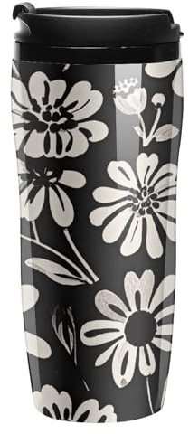 Tasse à café en plastique avec couvercle hermétique pour voiture, 355 ml, motif floral, noir et blanc, s'adapte au porte-gobelet de voiture