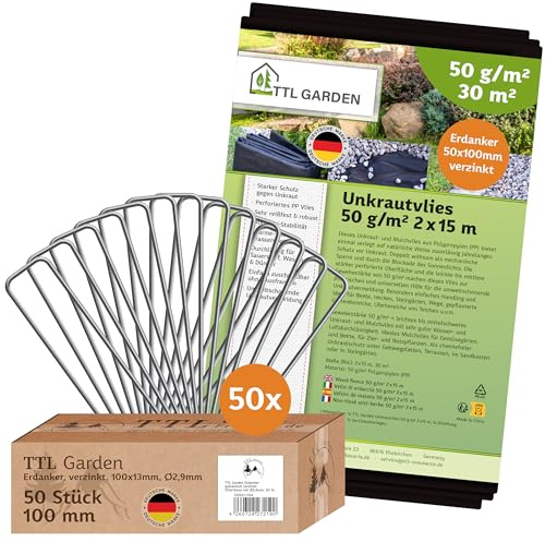 TTL GARDEN 50g/m² Unkrautvlies Set 30m² 2x15m + 50 Erdanker 150mm verzinkt | - wasserdurchlässig reißfest UV-stabil & atmungsaktiv Gartenvlies - Wurzelsperre Mulchvlies Garten Vlies Folie gegen Unkraut