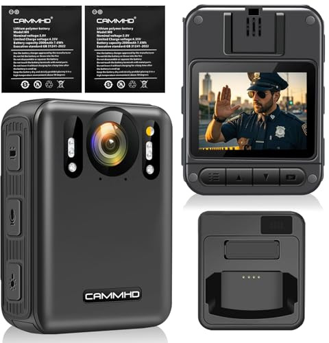 CAMMHD W8-64GB 4K Anti Shake Body Cam 2 batterie 4000mAh con 10 ore di registrazione video, crittografia dati Ultra HD Night Vision Bodycam con dock di ricarica per polizia/sicurezza/escursionismo