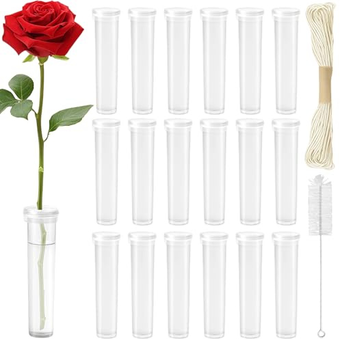 Prebarfun 50Stk Reagenzgläser für Blumen Kunststoff [7.2 x 1.8cm] - Klar | Blumenröhrchen mit Deckel, Reinigungsbürste & Blumenkordel, Aufhängbar Blumen Wasserröhrchen für Blumenarrangements/Pflanzen